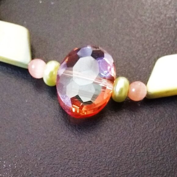 Charteuse & Tangerine! Beaded Bracelet: Shell Crystal CatsEye Faux Pearls 6.5-7" - Picture 3 of 10